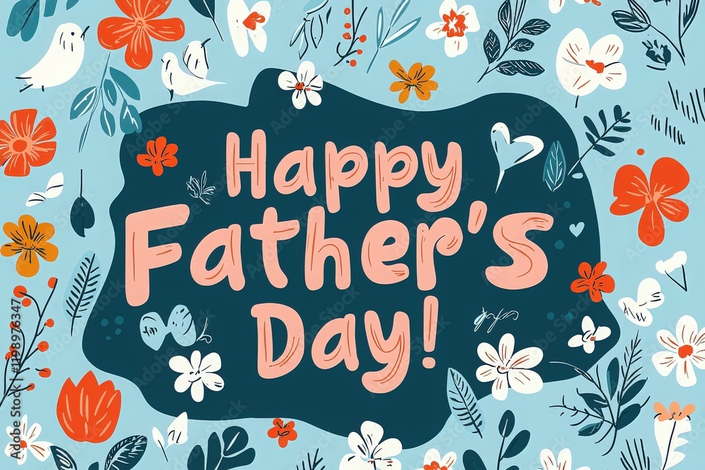 Vibrant floral designs frame a heartfelt greeting for Fathers Day, featuring colorful letters and various decorative elements against a light blue background, evoking joy and appreciation.