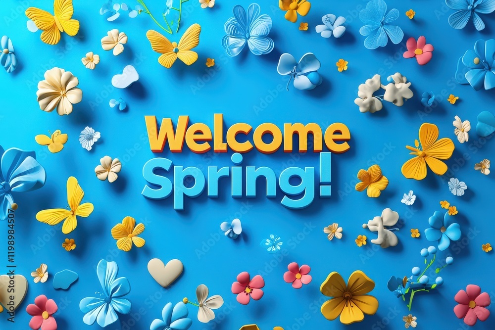 Vibrant flowers and butterflies in various colors are arranged on a bright blue surface, showcasing a cheerful spring theme. The words welcome spring are prominently displayed, celebrating the season.