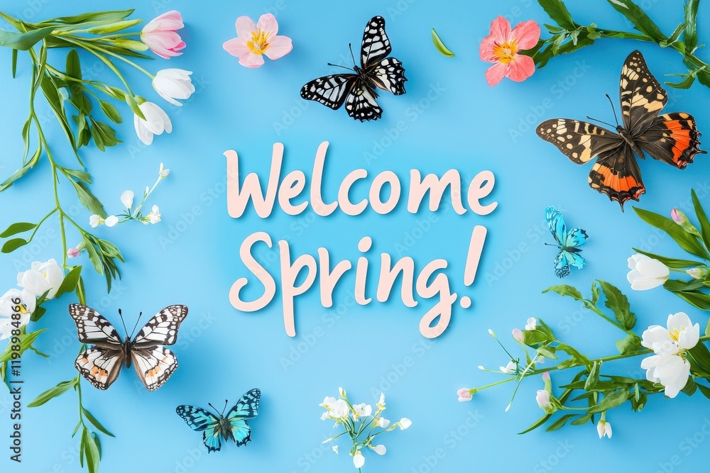 Vibrant flowers and butterflies surround cheerful text welcoming spring. The arrangement features various blooms and butterflies, showcasing the beauty of the season in a lively, bright display.