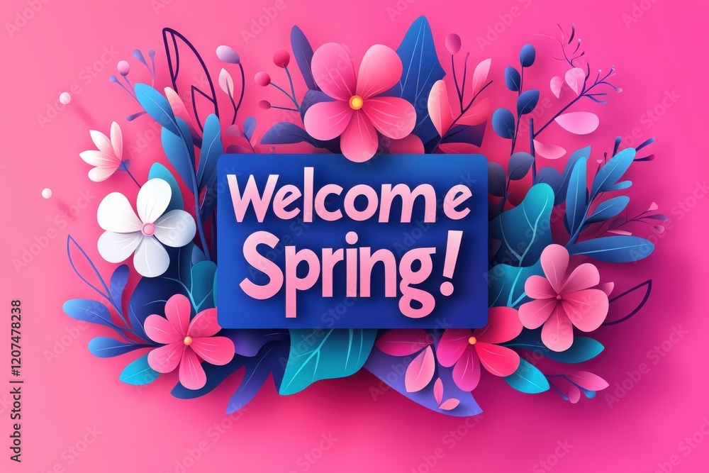 Vibrant flowers in shades of pink, purple, and white surround a welcoming message for spring. This cheerful outdoor decoration embodies the joy and freshness of the season.