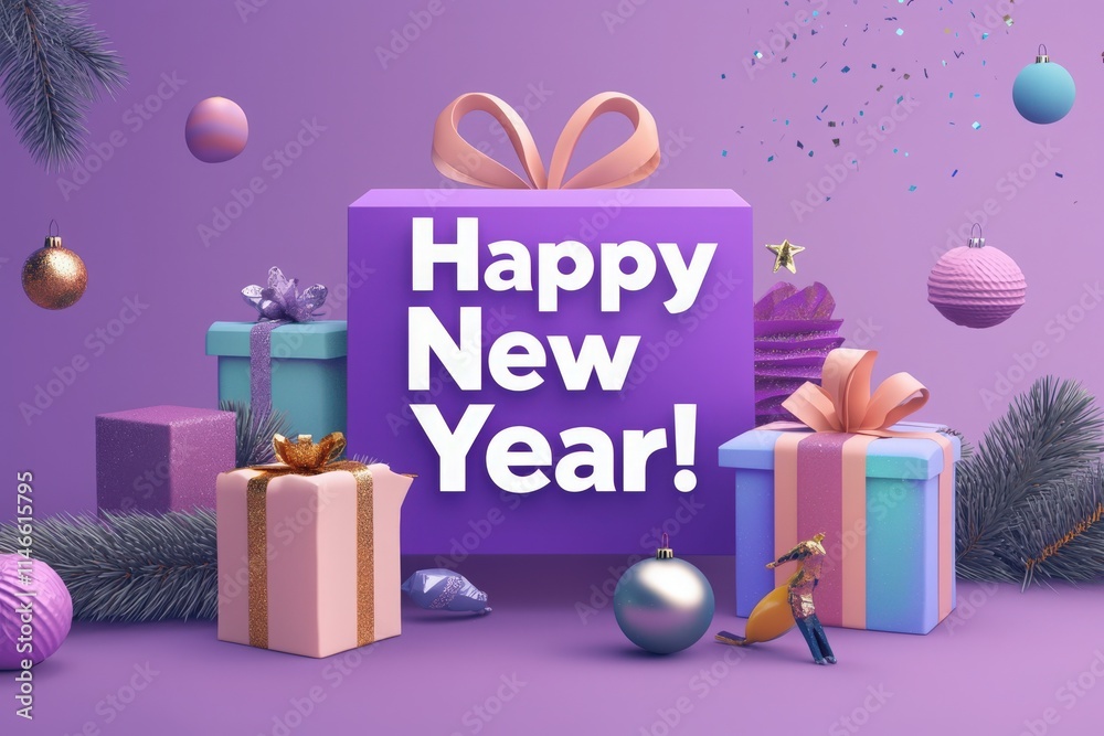 Vibrant gifts in various shapes and colors are arranged against a lively purple background, celebrating the New Year. Festive ornaments and confetti enhance the joyful atmosphere.
