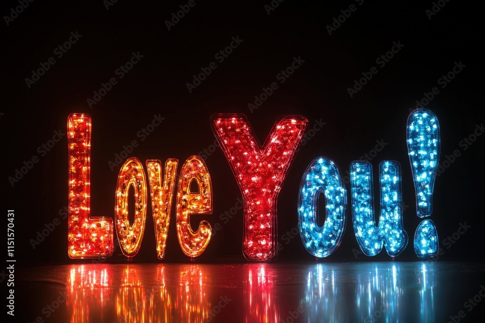 Vibrant, glowing letters create a heartfelt display that reads Love You! The colorful lights shine brightly, bringing a joyful and warm atmosphere to the dark setting.
