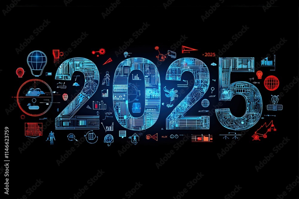 Vibrant graphic features the year 2025 with digital elements representing advanced technology, data analytics, and global connectivity, emphasizing innovation and progress in various fields.