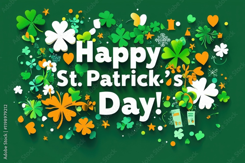 Vibrant green background adorned with clovers and festive elements celebrates St Patricks Day, creating a cheerful and lively atmosphere for the holiday festivities.
