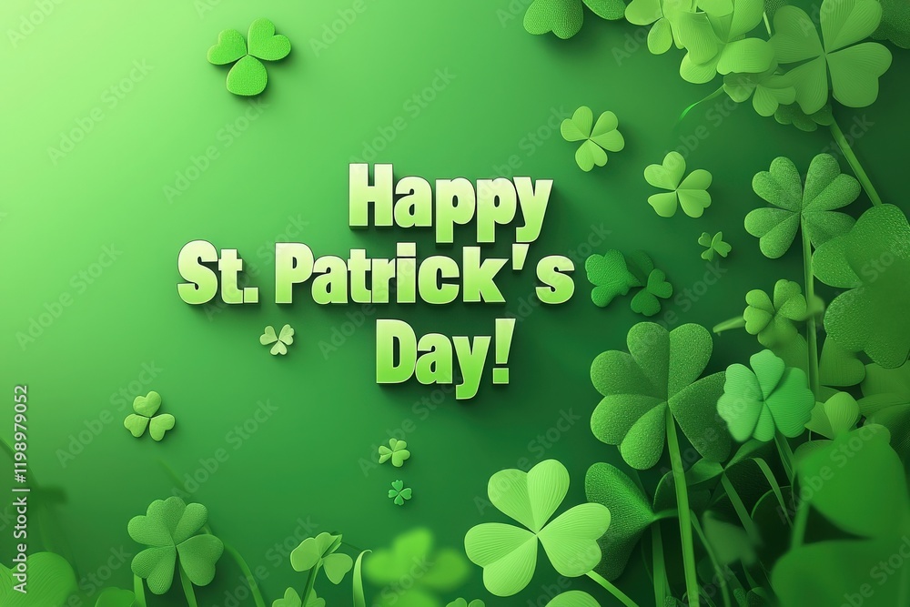 Vibrant green clovers cover the background, creating a joyful atmosphere for St Patricks Day celebrations. The message expresses festive wishes for a cheerful holiday.