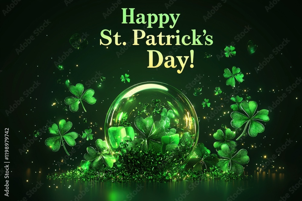 Vibrant green decorations with shamrocks and a shimmering globe create a joyful atmosphere for St Patricks Day festivities, celebrating Irish culture and tradition with symbols of luck.