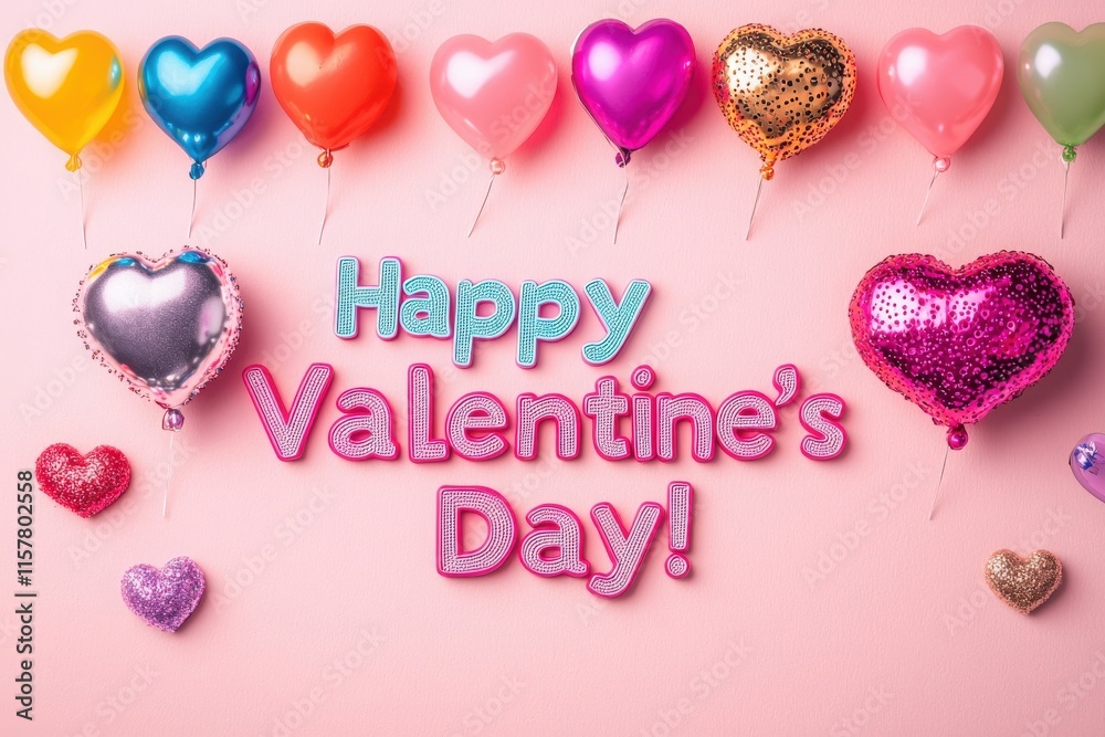 Vibrant heart-shaped balloons and sparkling decorations set a cheerful mood for Valentines Day. The playful display creates an inviting atmosphere perfect for celebrations with loved ones.