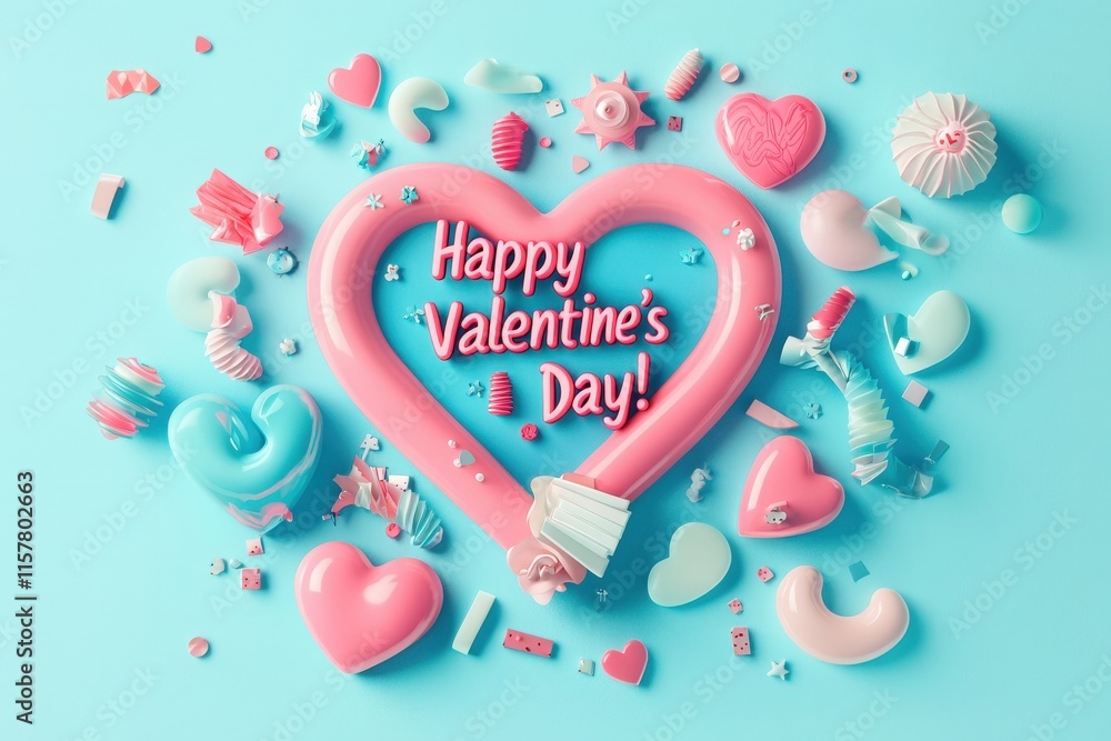 Vibrant heart-shaped decorations and candies spread across a blue background highlight the celebration of Valentines Day. Festive colors and joyful elements reflect love and affection.