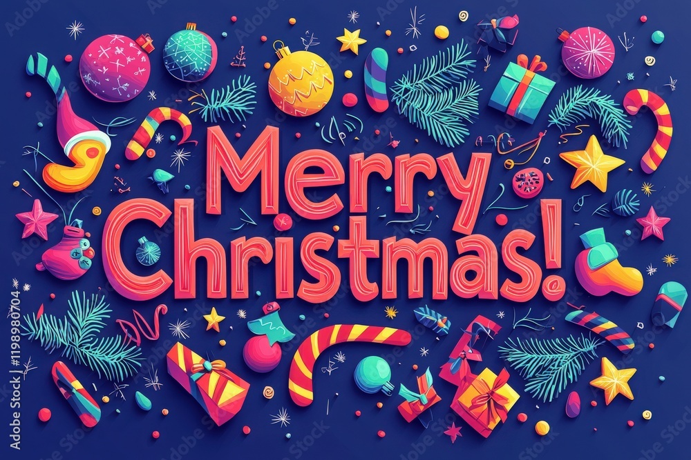 Vibrant holiday-themed decorations are displayed, featuring ornaments, gifts, and traditional symbols. A joyful Merry Christmas message brings a lively spirit to the festive scene.