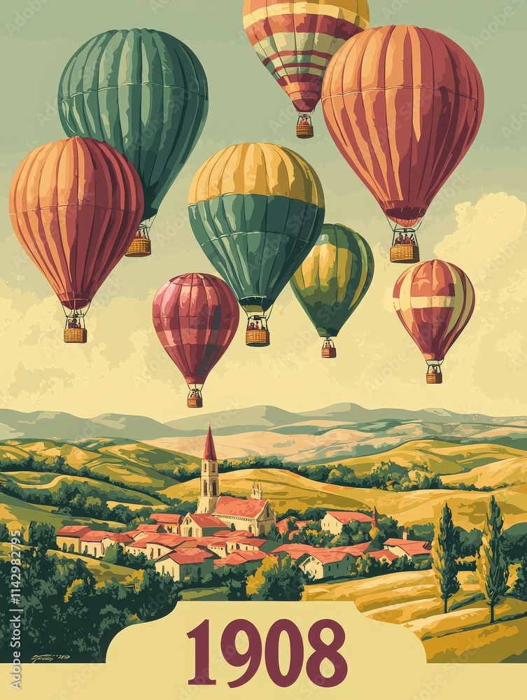 Vibrant hot air balloons float above a quaint village surrounded by rolling hills. This charming illustration from 1908 captures a moment of serenity and adventure in the sky.