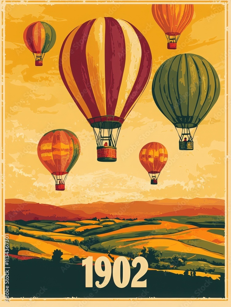 Vibrant hot air balloons float gracefully across a golden sky, contrasting with rolling hills below in a scene from 1902, evoking a sense of adventure and nostalgia for the past.