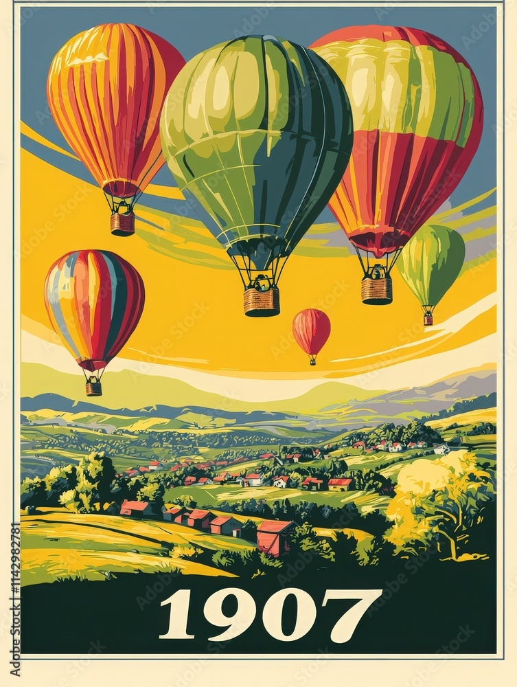 Vibrant hot air balloons rise gracefully over rolling hills and quaint villages. This nostalgic view captures the beauty of flight and rural life in the year 1907.