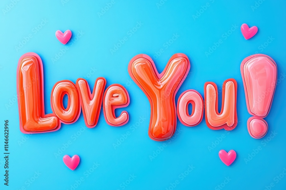 Vibrant letters spell out love you against a bright blue background, surrounded by pink hearts, perfect for expressing affection on special occasions like Valentines Day or anniversaries.
