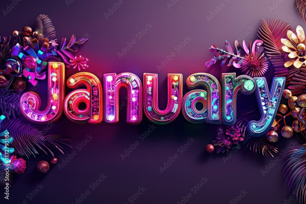 Vibrant letters spelling January are surrounded by decorative foliage and colorful lights, creating a festive atmosphere ideal for welcoming the new year.