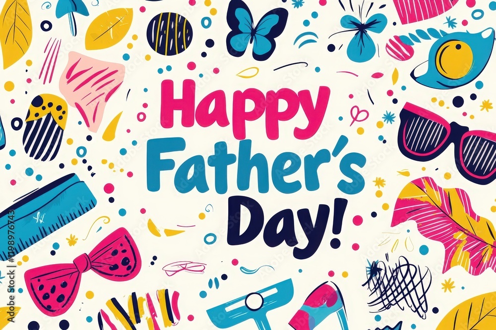 Vibrant patterns and playful illustrations come together to create an exciting backdrop for Fathers Day. The colorful design features various items symbolizing celebration and joy.
