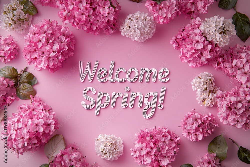 Vibrant pink and white flowers are arranged beautifully on a soft pink surface, framing a message that joyfully invites the arrival of spring and captures a sense of renewal.
