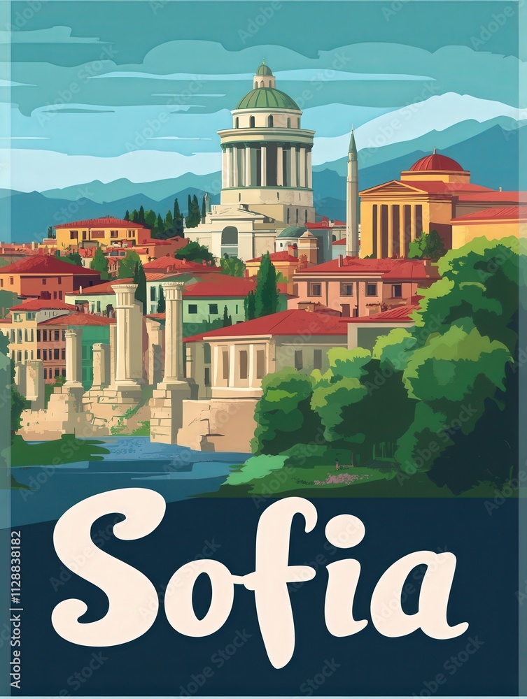 Vibrant portrayal of Sofia featuring striking historical buildings nestled among lush greenery and mountainous backdrop. The scene reflects the citys rich cultural heritage and scenic charm.