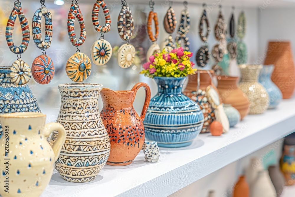 Vibrant pottery, including vases and jugs, is beautifully arranged on a shelf at a local artisan market. Colorful designs and intricate patterns attract visitors attention.