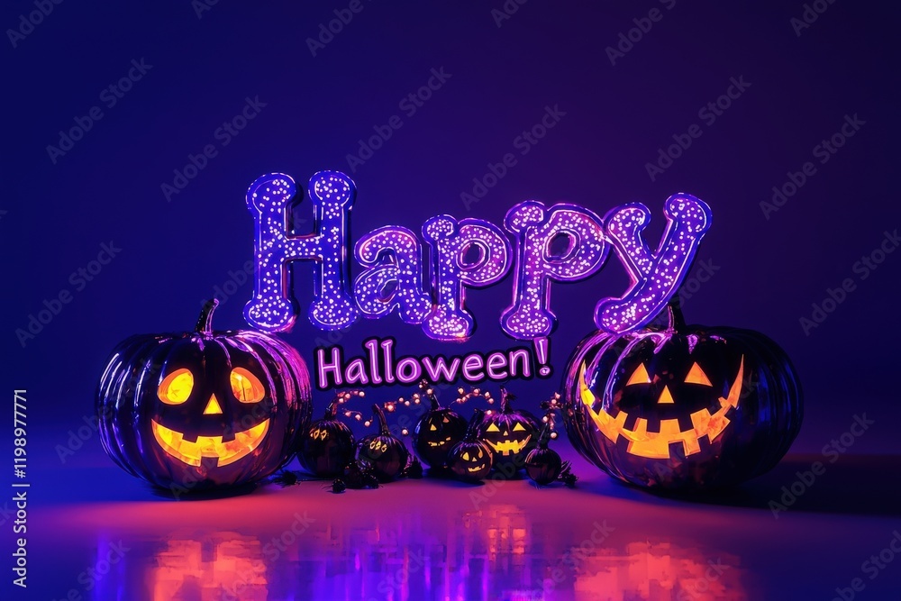 Vibrant pumpkins with carved faces emit a warm glow, surrounded by festive decorations. A bright sign says Happy Halloween, capturing the spirit of the holiday at night.