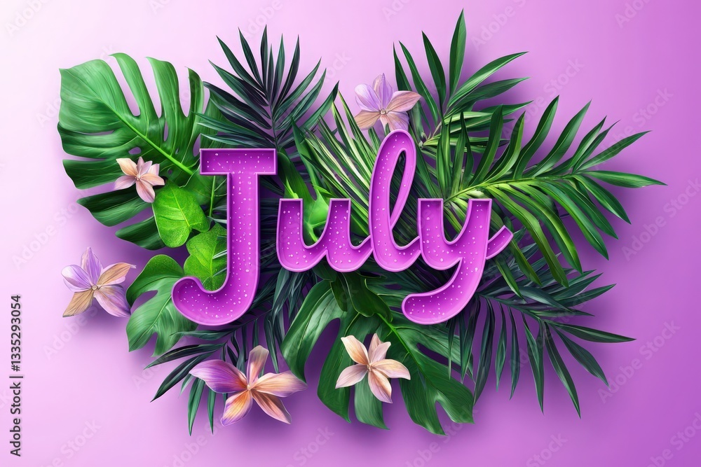 Vibrant purple lettering spells July amid lush green tropical leaves and delicate flowers. The arrangement captures a festive summer vibe perfect for seasonal celebrations.