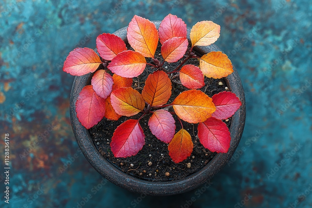 Vibrant red and orange leaves are gathered in a black pot, creating a striking display. The textured background adds depth, highlighting the beauty of autumn foliage.