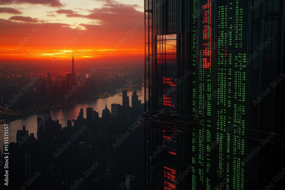 Vibrant sunset illuminates the skyline, with a towering building displaying green and red lights. The scene captures the beauty of a bustling city as day transitions to night.
