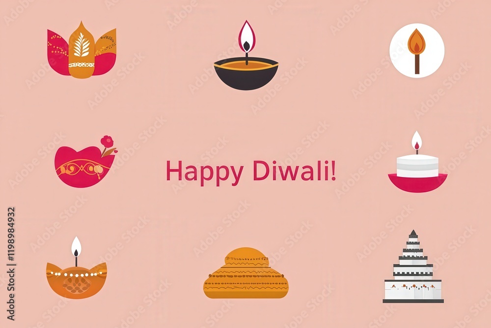 Vibrant symbols representing the Diwali festival are arranged in a decorative pattern, with joyful wishes at the center. Festive lights and traditional motifs create a celebratory atmosphere.