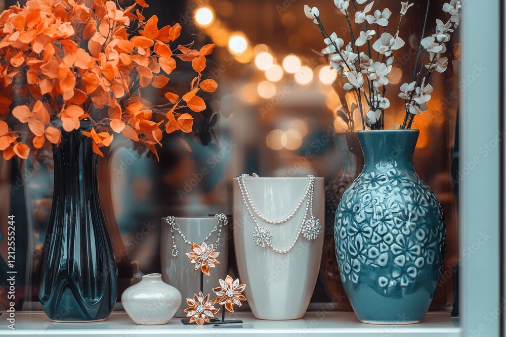 Vibrant vases filled with flowers and elegant jewelry pieces adorn a shop window, creating an inviting and artistic atmosphere. Soft lighting enhances the colorful arrangement during the afternoon.