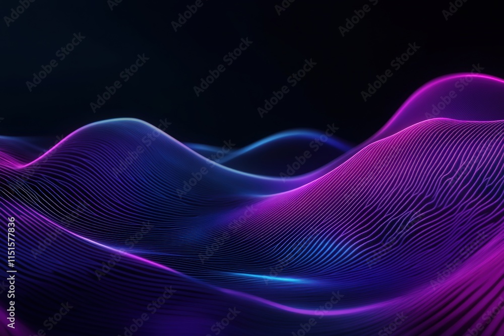 Vibrant waves of purple and blue light undulate gracefully against a black backdrop, creating an entrancing digital visual. This artwork showcases fluid motion and depth.