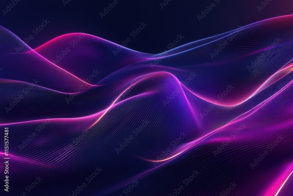 Vibrant waves of purple and pink light flow seamlessly across a dark background, creating an abstract visual effect.