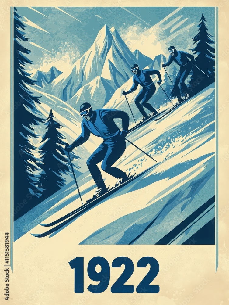 Vintage artwork showcases three skiers gracefully descending a mountain slope surrounded by snowy trees. The design reflects the skiing culture of the early 20th century.