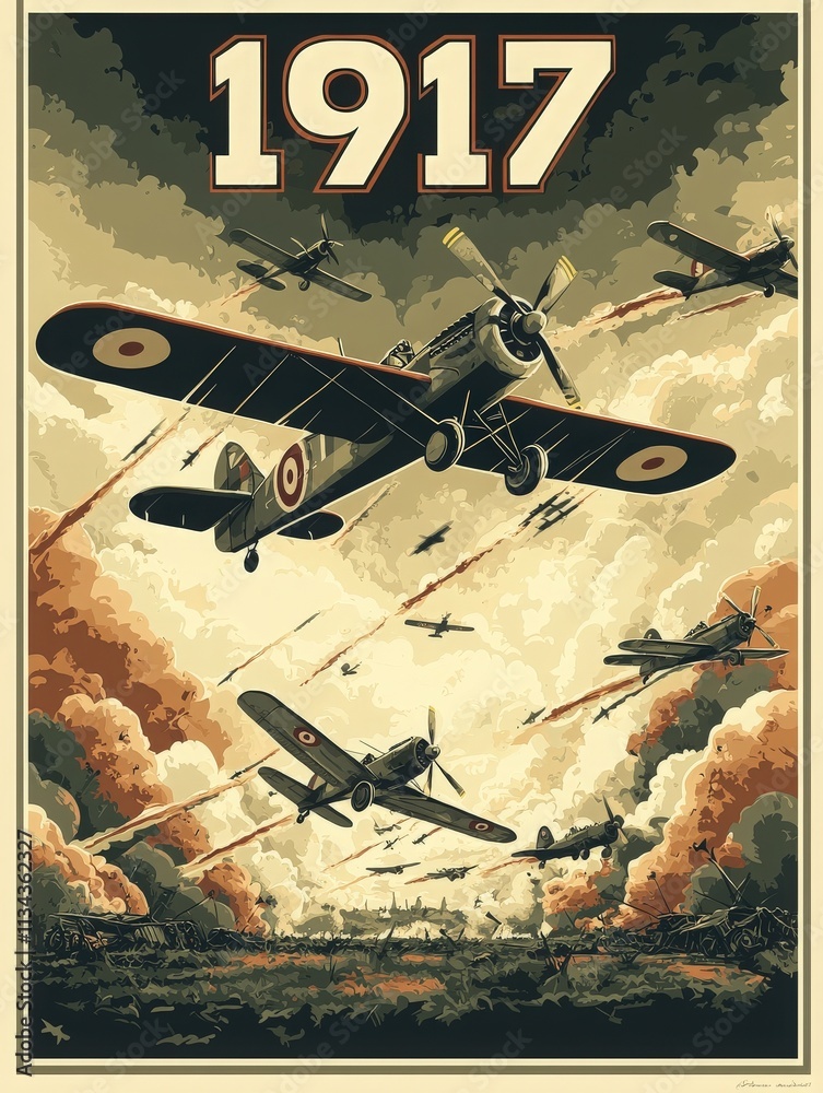Vintage warplanes engage in a fierce aerial battle over a dramatic landscape, with smoke and explosions filling the sky. The scene captures the intensity of conflict during the year 1917.