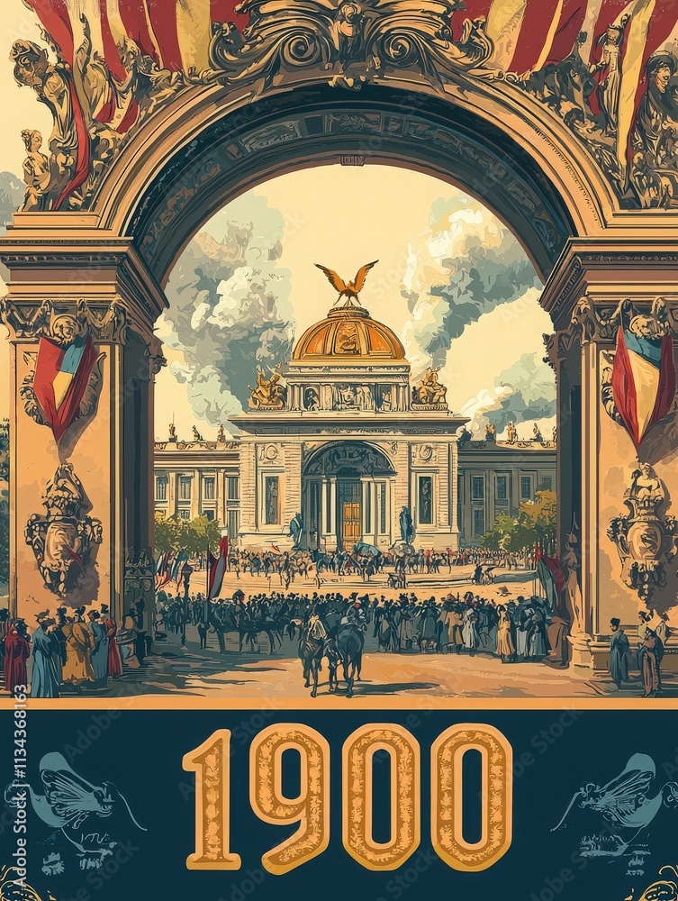 Visitors gather at the majestic entrance of the 1900 Exposition Universelle, admiring the ornate architectural details and vibrant decorations of the pavilion against a dramatic sky.