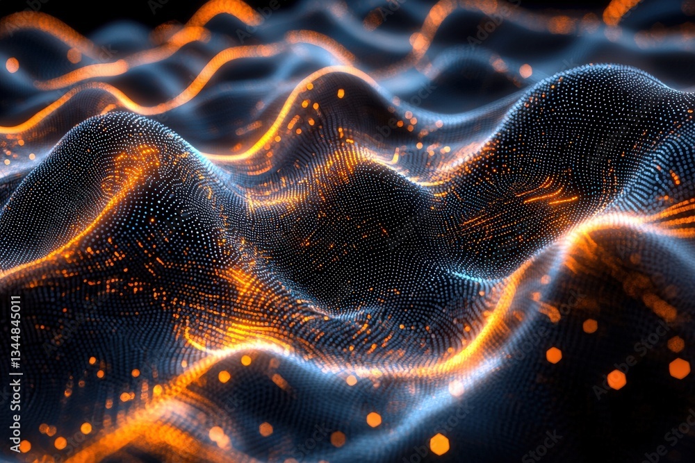 Visual representation of flowing waves illuminated with orange and blue light. The contours create a sense of depth and movement, evoking an abstract digital landscape.