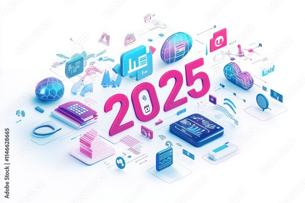 Visual representation of technological advancements and trends expected by 2025. It includes elements like graphs, data charts, and digital devices, showcasing innovation and progress.