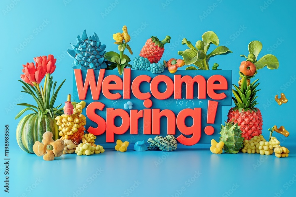 Vivid spring-themed arrangement showcases an assortment of fruits and vegetables alongside cheerful decorations.