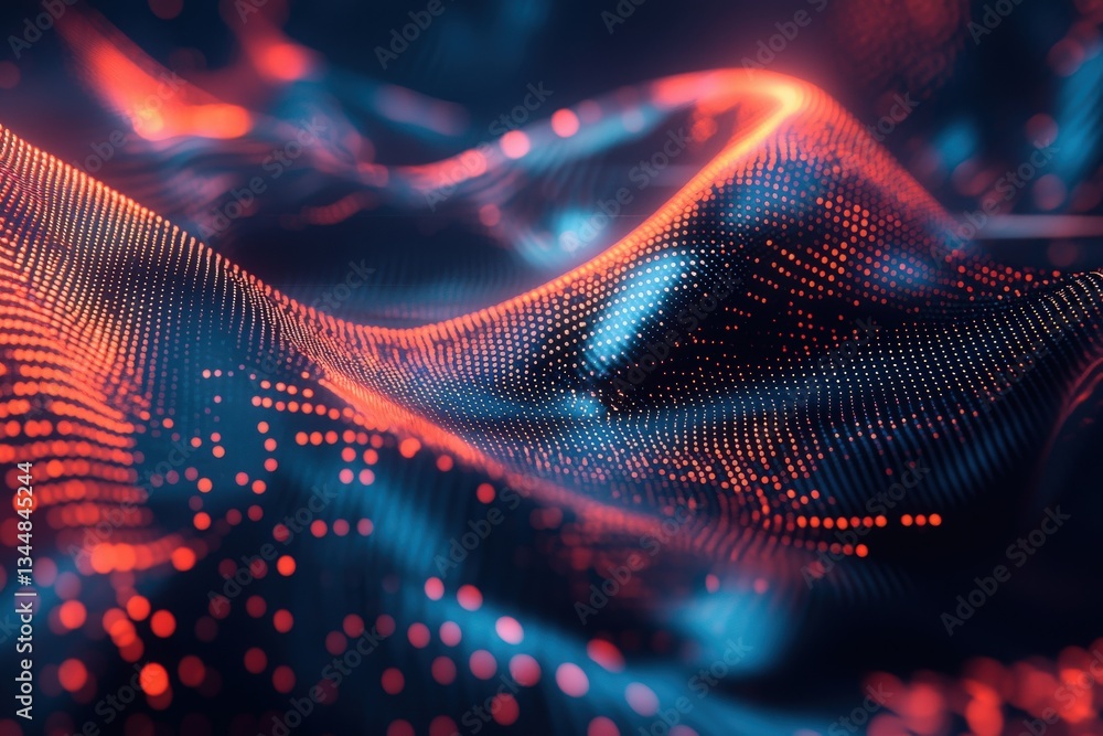 Vivid waves of blue and orange dots create a mesmerizing digital landscape, showcasing movement and depth during nighttime. The interplay of colors invokes a sense of energy and technology.