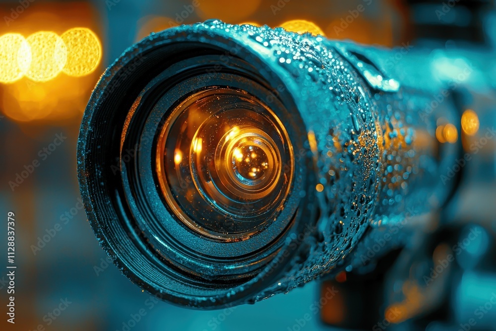 Water droplets cling to a camera lens as it focuses on a light source. The background glows softly in warm hues, creating a captivating atmosphere during evening hours.