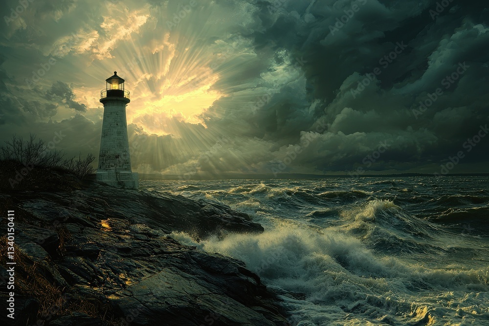 Waves crash against rocky shores as a lighthouse stands tall, illuminated by sunlight breaking through dark storm clouds. The scene captures a powerful and serene moment at dusk.