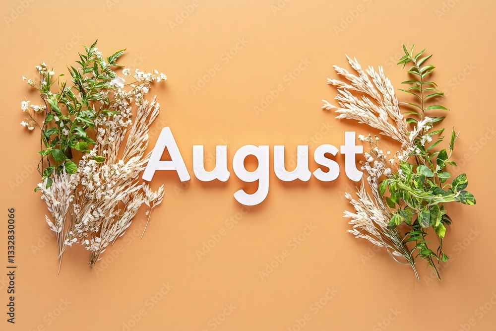 White letters spell out the word August, flanked by two bunches of mixed green foliage, dried flowers, and grass plumes on a light brown background. Represents the month of august.
