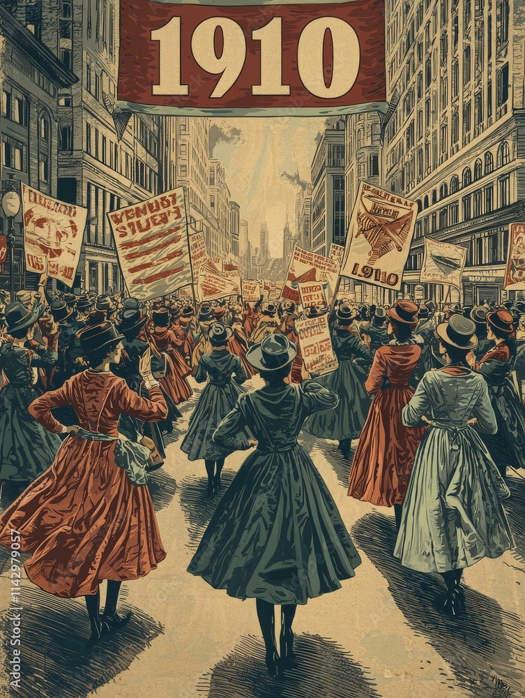 Women in long dresses march down a bustling city street in 1910, holding signs and banners advocating for their rights. The atmosphere is vibrant, demonstrating unity and determination.