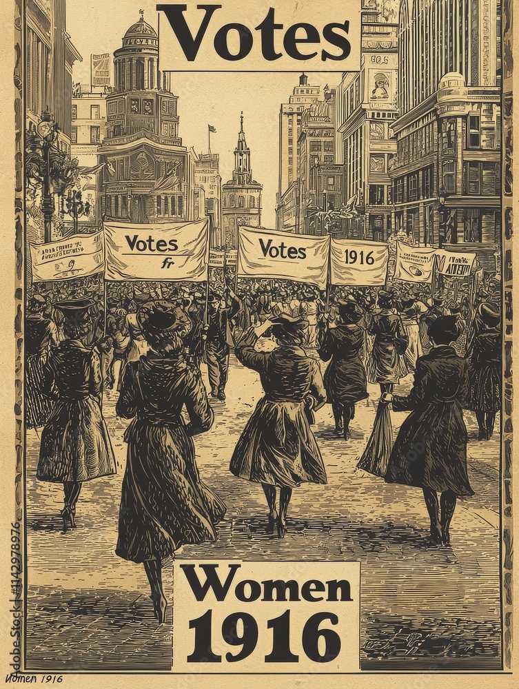 Women march down a bustling city street in 1916, carrying banners that demand voting rights. The scene captures a moment of unity and determination for womens suffrage.