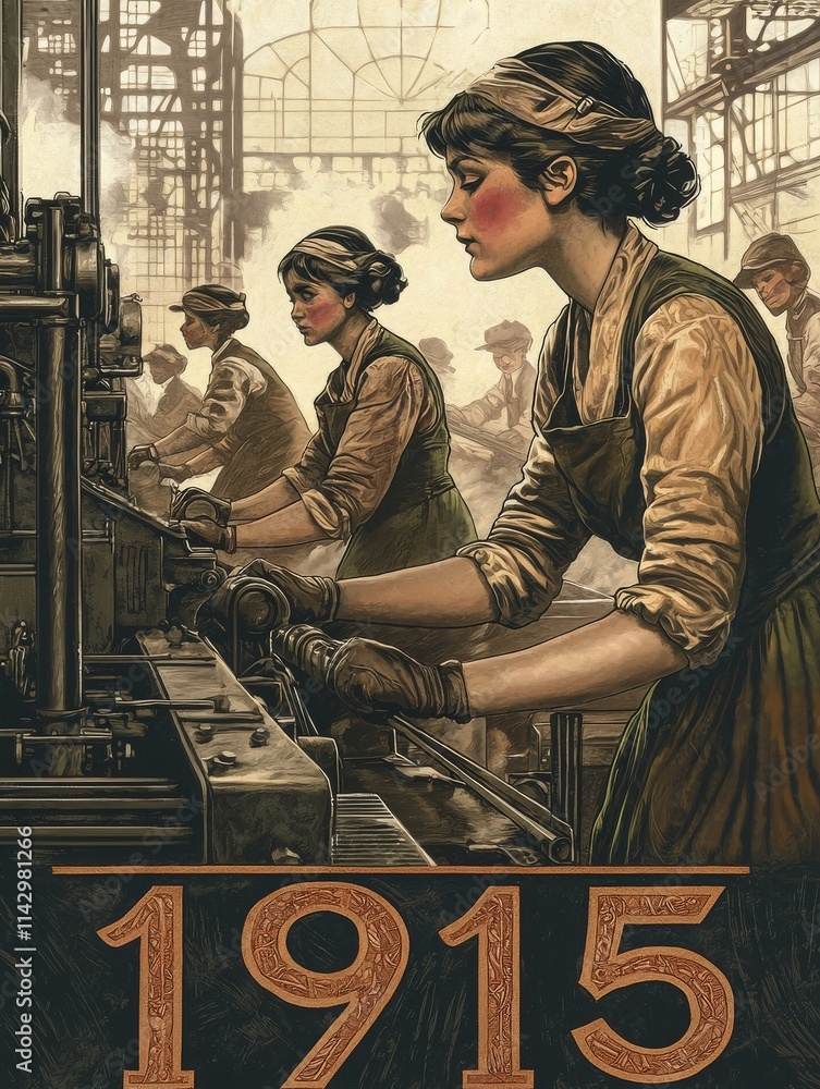 Women operate machinery in a bustling factory during 1915. This scene highlights the crucial role of female workers in the industrial workforce, symbolizing empowerment and progress.