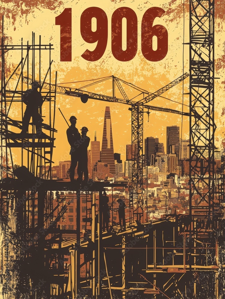 Workers at a construction site labor amidst scaffolding and cranes, silhouetted against the San Francisco skyline in a vintage style. This moment captures the hustle and growth of the city in 1906.