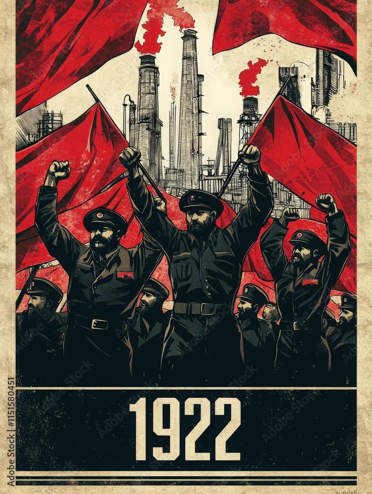 Workers dressed in uniform raise red flags in a powerful rally set against industrial smokestacks. The event takes place in 1922, emphasizing themes of revolution and solidarity.