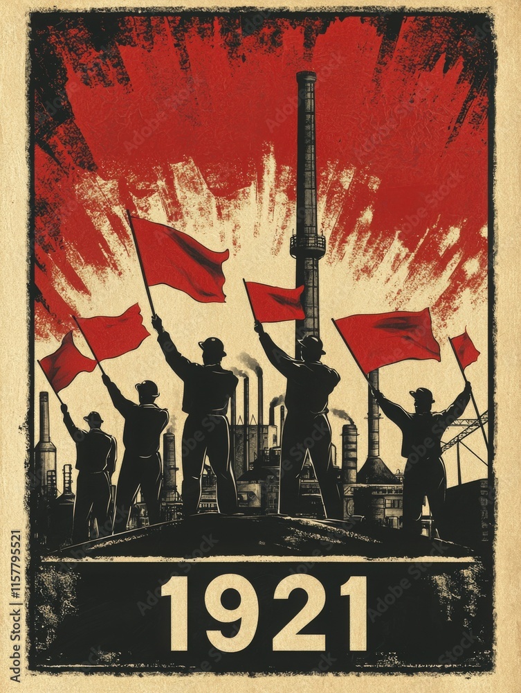 Workers gather at a rally in 1921, raising red flags against the backdrop of factories and industrial structures.