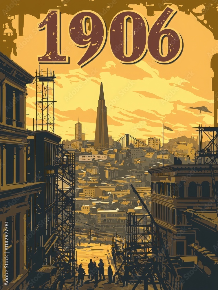 Workers navigate through a bustling cityscape in 1906, where construction projects reshape the skyline. The iconic tower looms in the background as silhouettes of people are seen.