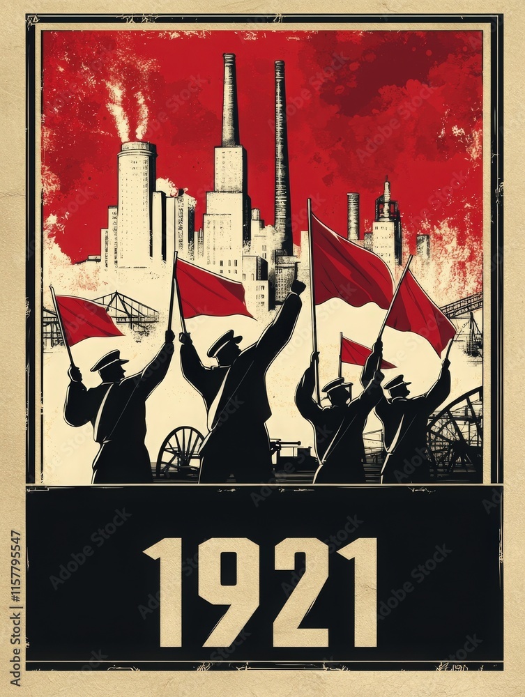 Workers raise red flags in unity against a backdrop of factories and smoke in this representation from 1921. The image captures the essence of a significant labor movement during the industrial era.