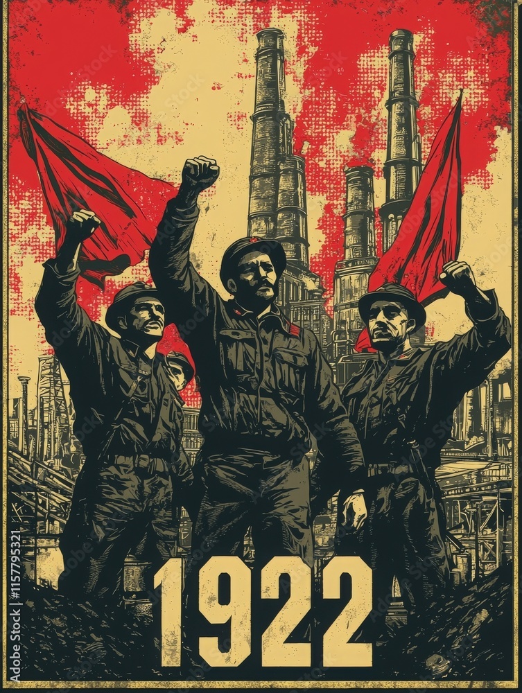 Workers stand proudly with raised fists and flags, embodying solidarity and resilience during a pivotal moment in 1922. Industrial structures loom in the background, highlighting their struggle.