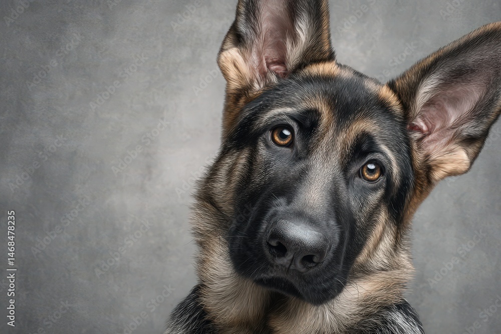 A German Shepherd with striking features gazes curiously into the camera against a muted gray background. Its ears are perked up, highlighting its attentive expression.